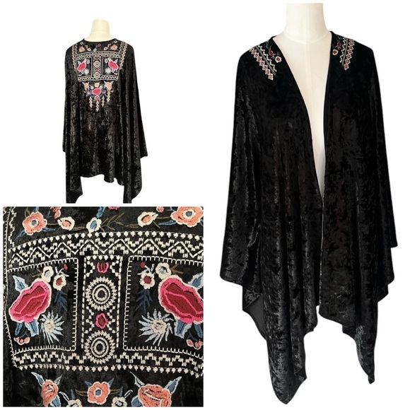 Philosophy Sweaters - Philosophy Republic Clothing Open Front Wrap Velvet Embroidered Boho Cover Up